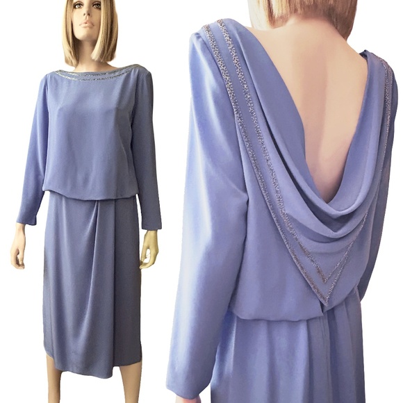 Evina Ruth Ullmann Dress Cowl back Lavender Beaded Vintage 80s Union Label ILGWU - Picture 1 of 16
